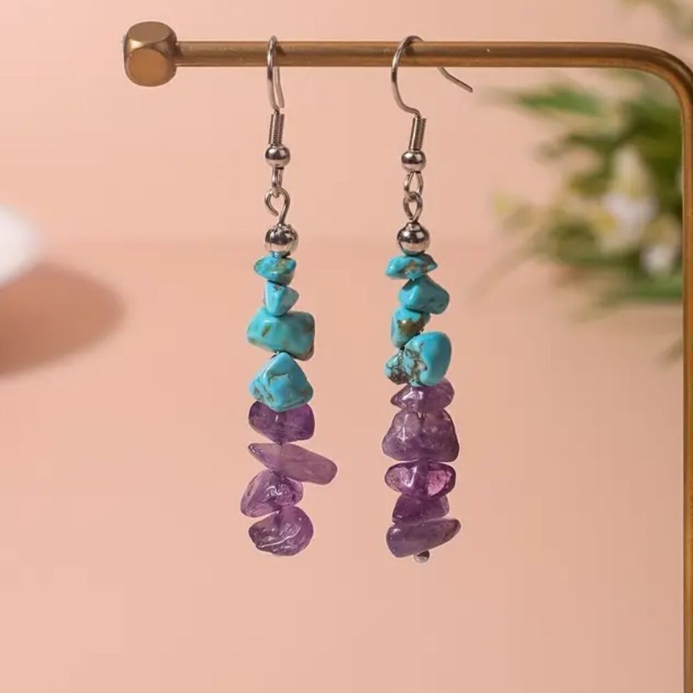 ✨🆕✨ Bohemian Purple Amethyst & Turquoise Natural Stone Ear Hook Earrings ✨